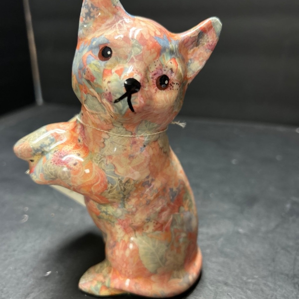 Hand-Painted Ceramic Cat Figurine in Peach Floral Pattern